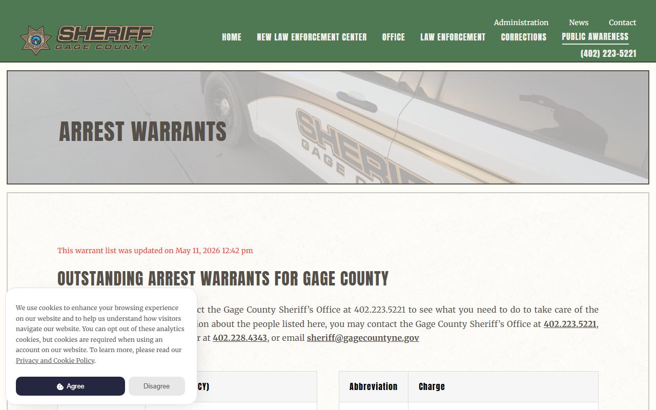 Gage County arrest warrants list with photo, agency, and charge fields