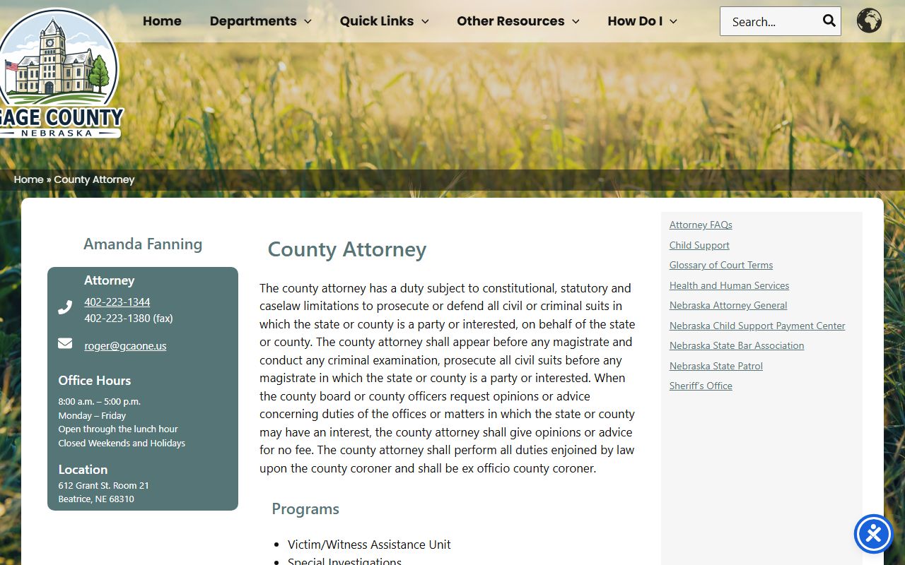 Gage County Attorney contact page with prosecutor office information