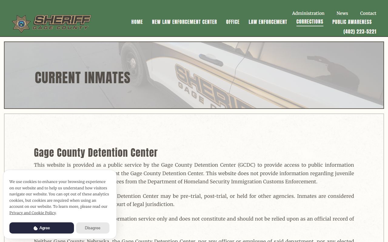 Gage County inmate population current roster with booking photos and county held in field