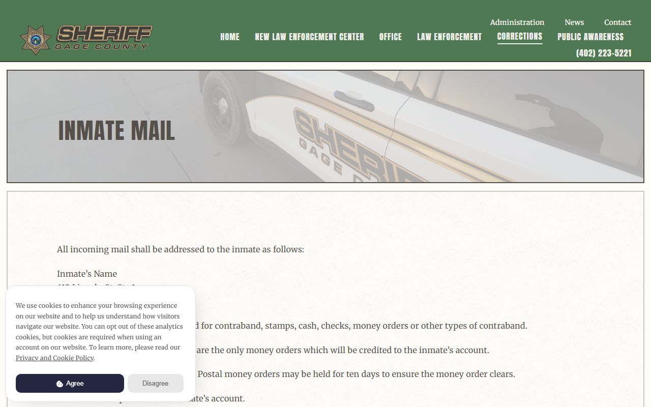 Gage County inmate mail rules with address format and money order restrictions