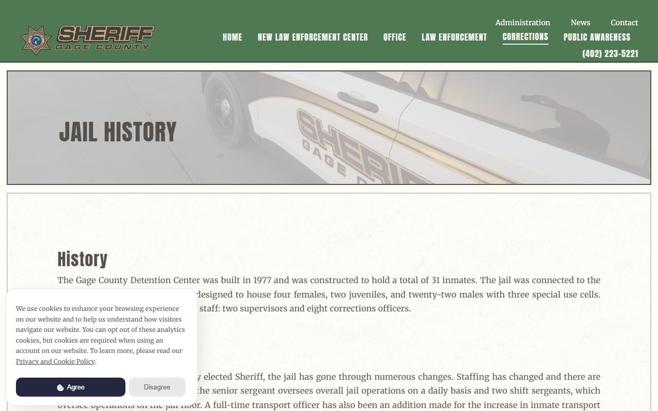 Gage County jail history page with construction, capacity, staffing, programs, and security upgrades