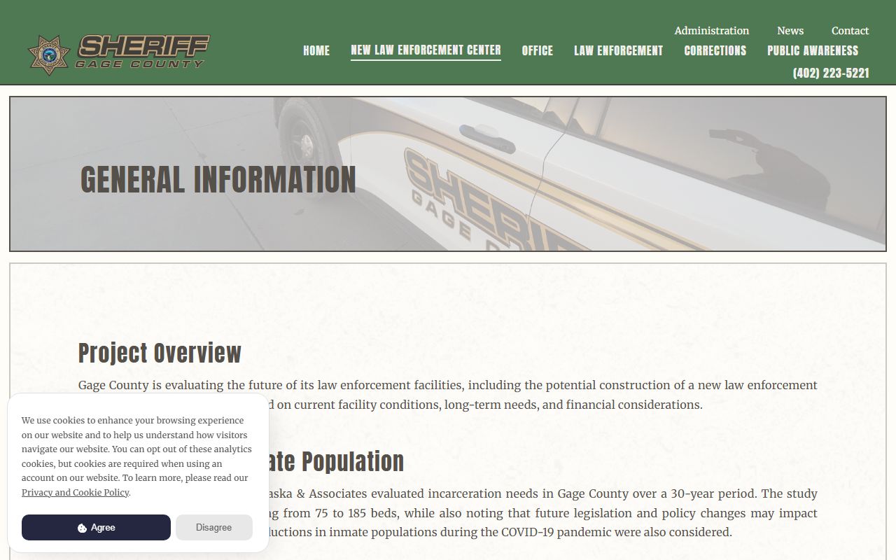Gage County law enforcement center planning information with jail population and capacity details