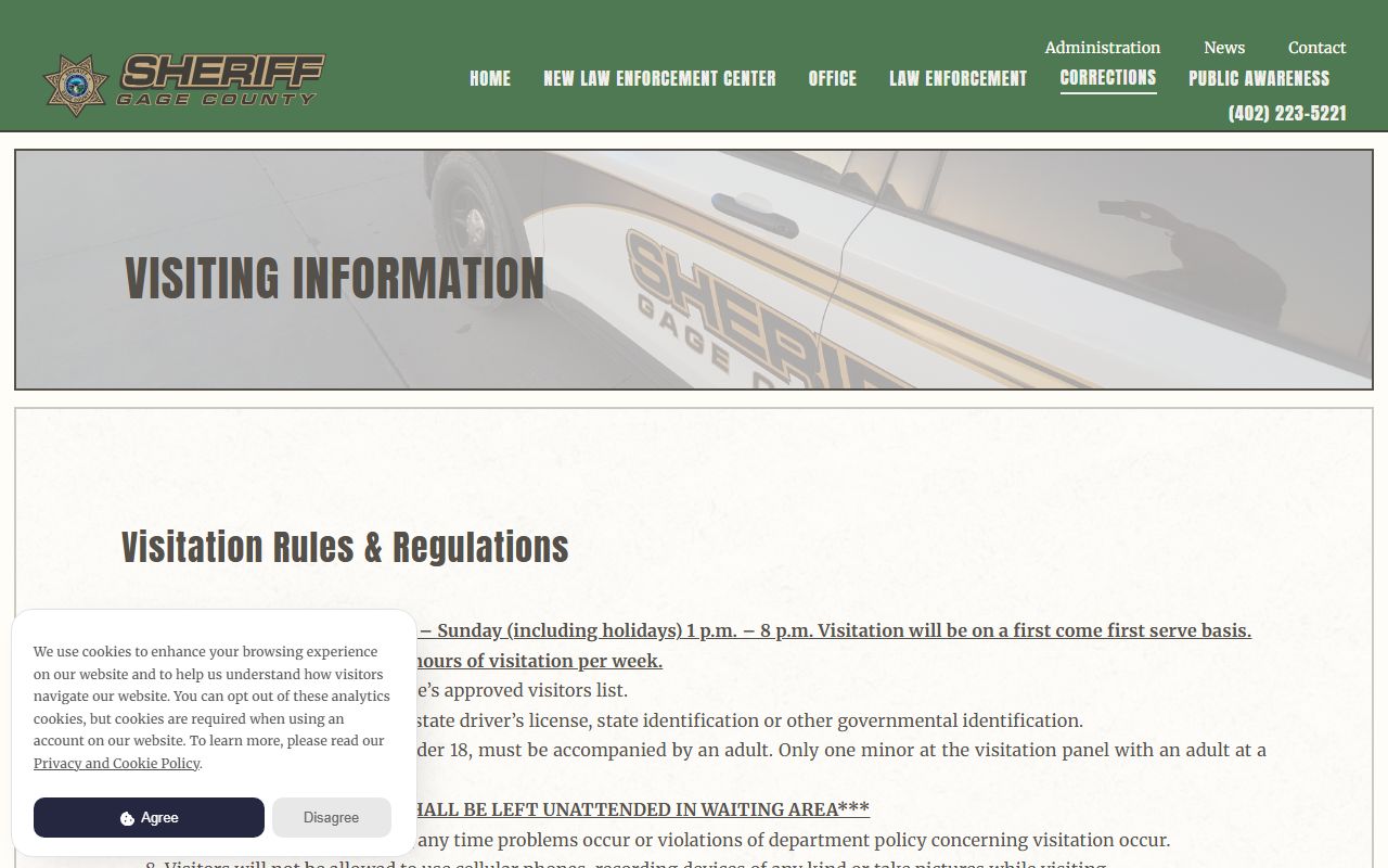 Gage County Detention Center visiting information with hours and visitor rules