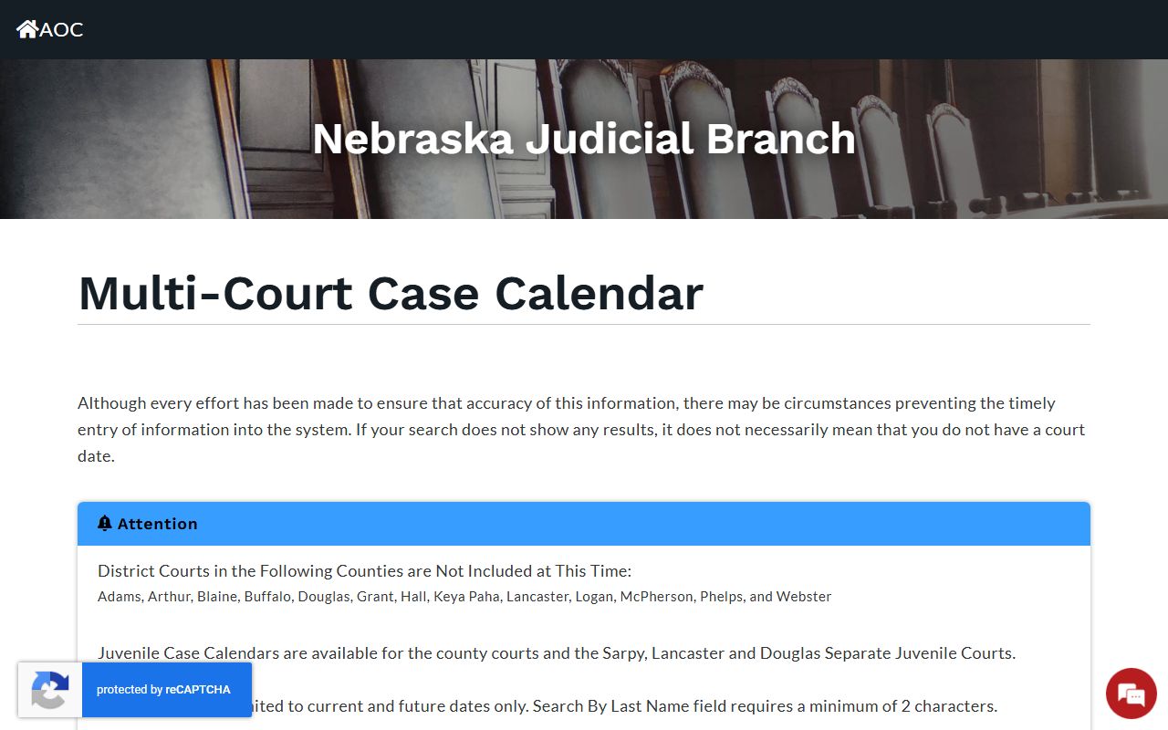 Nebraska court calendar search form with county and date search options