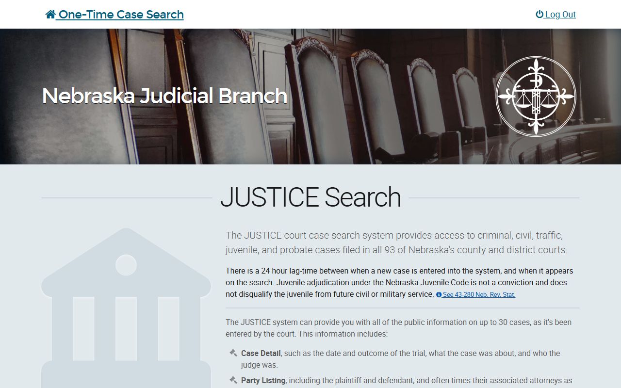 Nebraska JUSTICE case search page for county and district court records